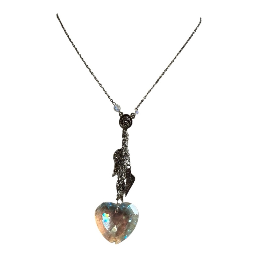 C514 Vintage Kirk’s Folly Crystal Heart Angel Wings 30” Necklace.